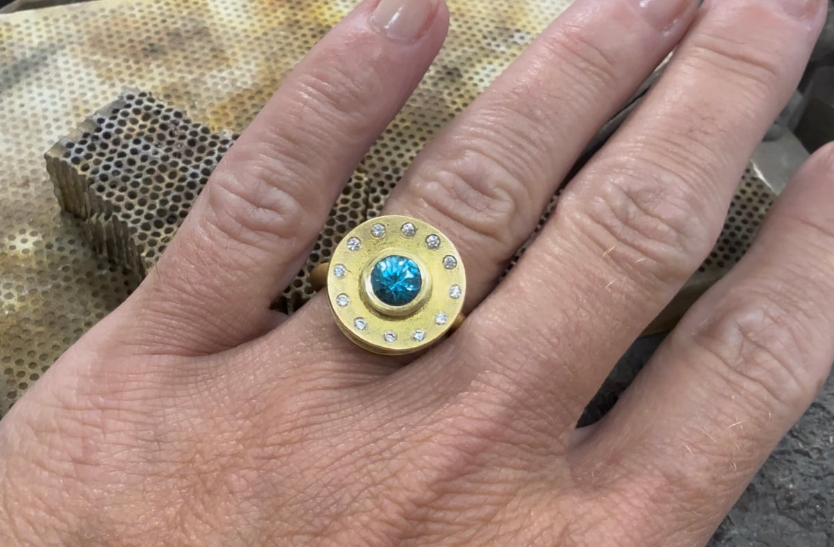 Blue Zircon & Diamond Shield Ring - 18K Yellow Gold
