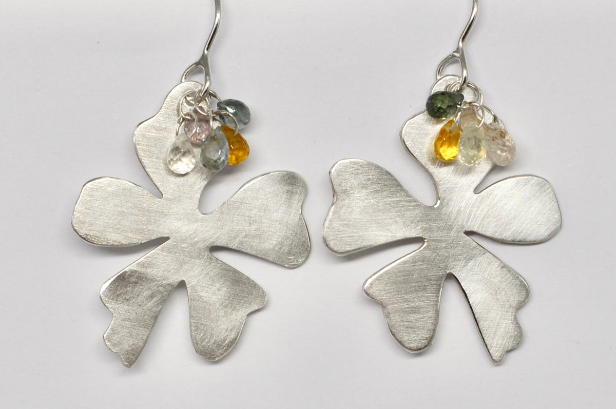 Brushed Silver Orchid Earrings with Sapphire Clusters