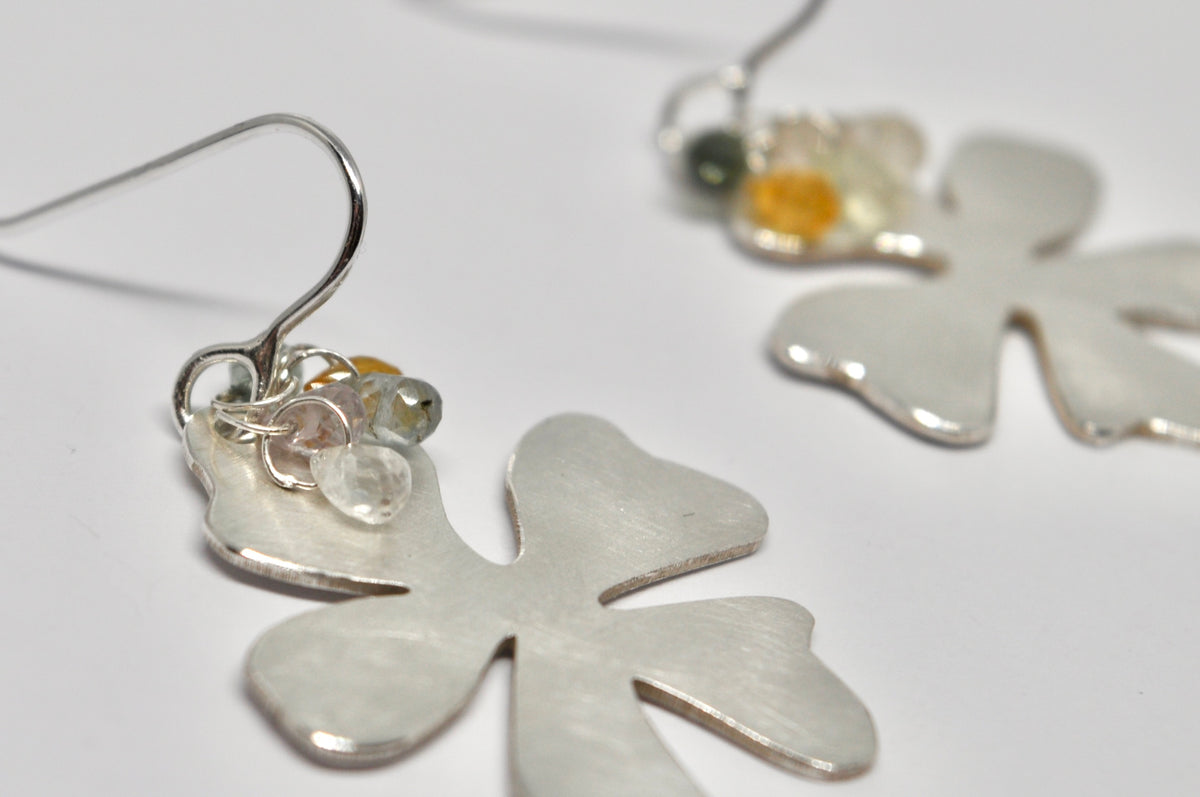Brushed Silver Orchid Earrings with Sapphire Clusters