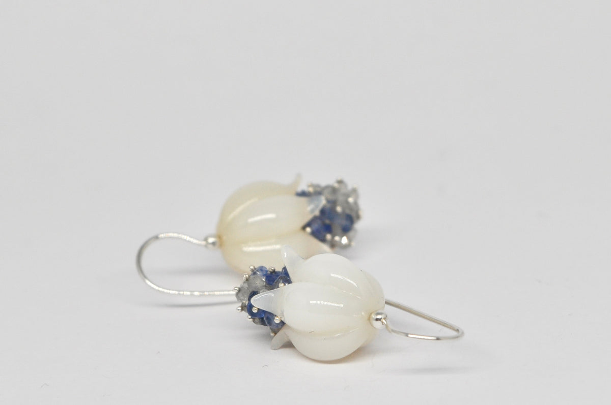 Blooming Bell Earrings — White Agate, Blue Sapphire & Labradorite