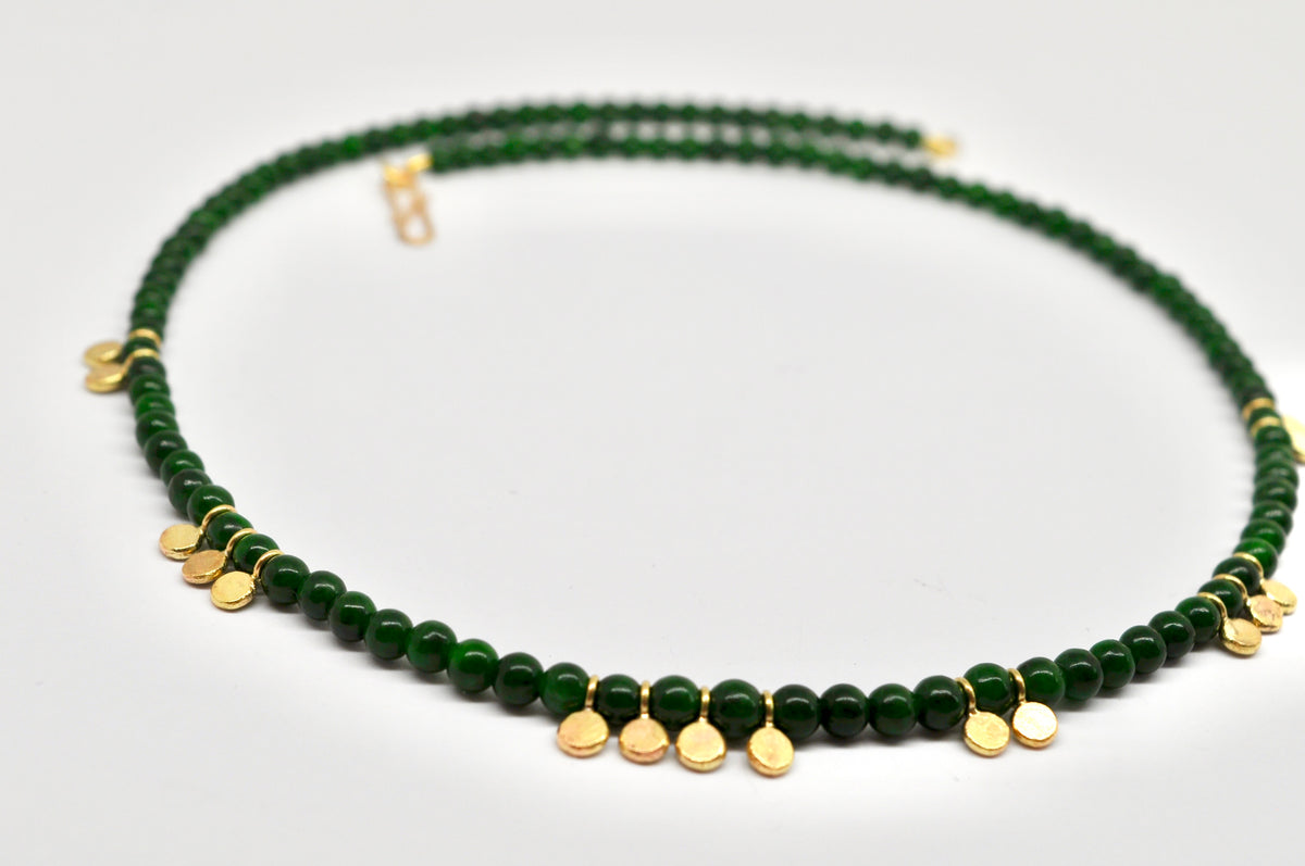 Green Jade Bead Necklace with 18K Yellow Gold Disc Accents