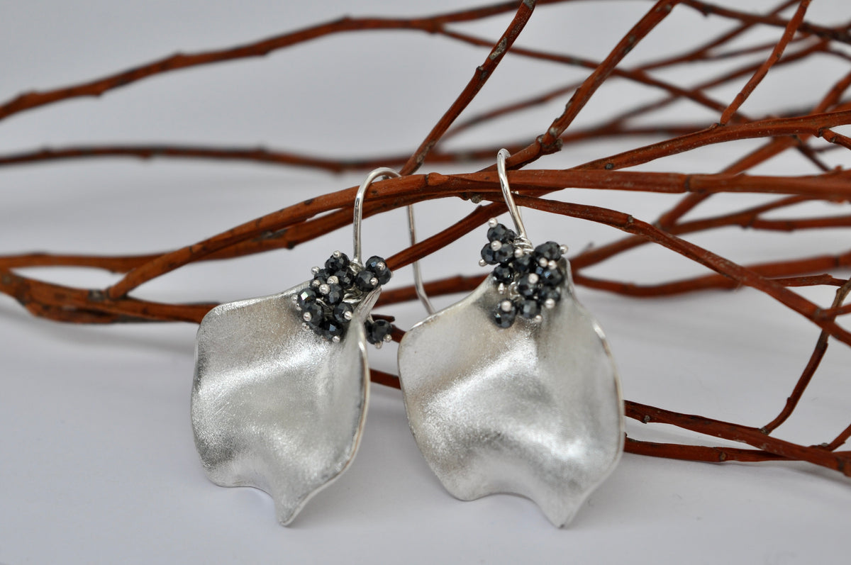 Silver Wave Earrings with Black Hematite Cluster