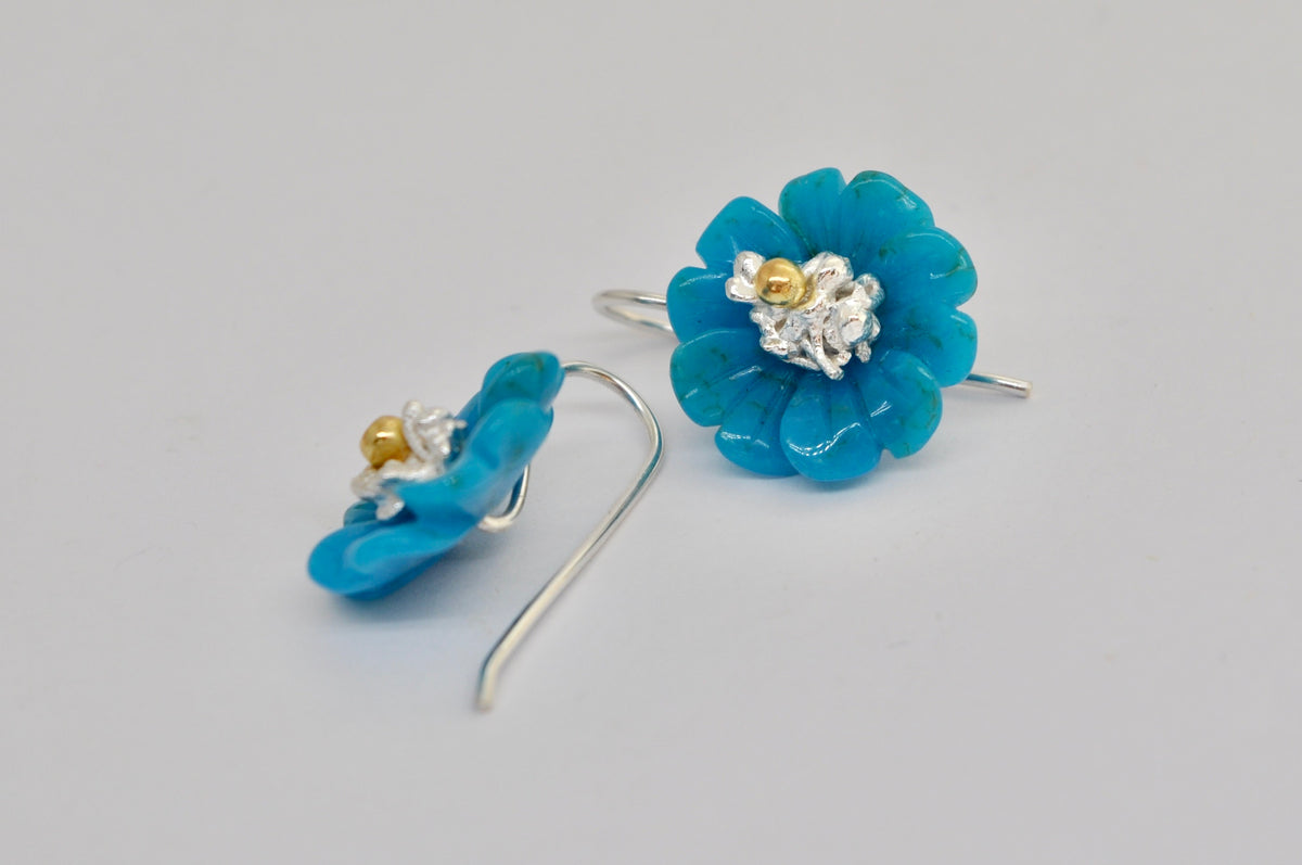 Turquoise Flower Earrings in Silver with Gold Accent