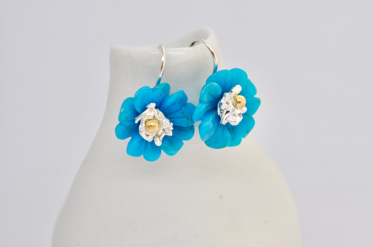 Turquoise Flower Earrings in Silver with Gold Accent