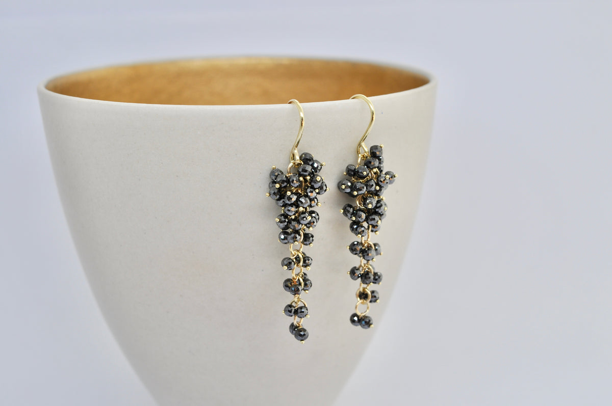 18k Gold Drop Earrings with Black Faceted Diamond Bead Clusters