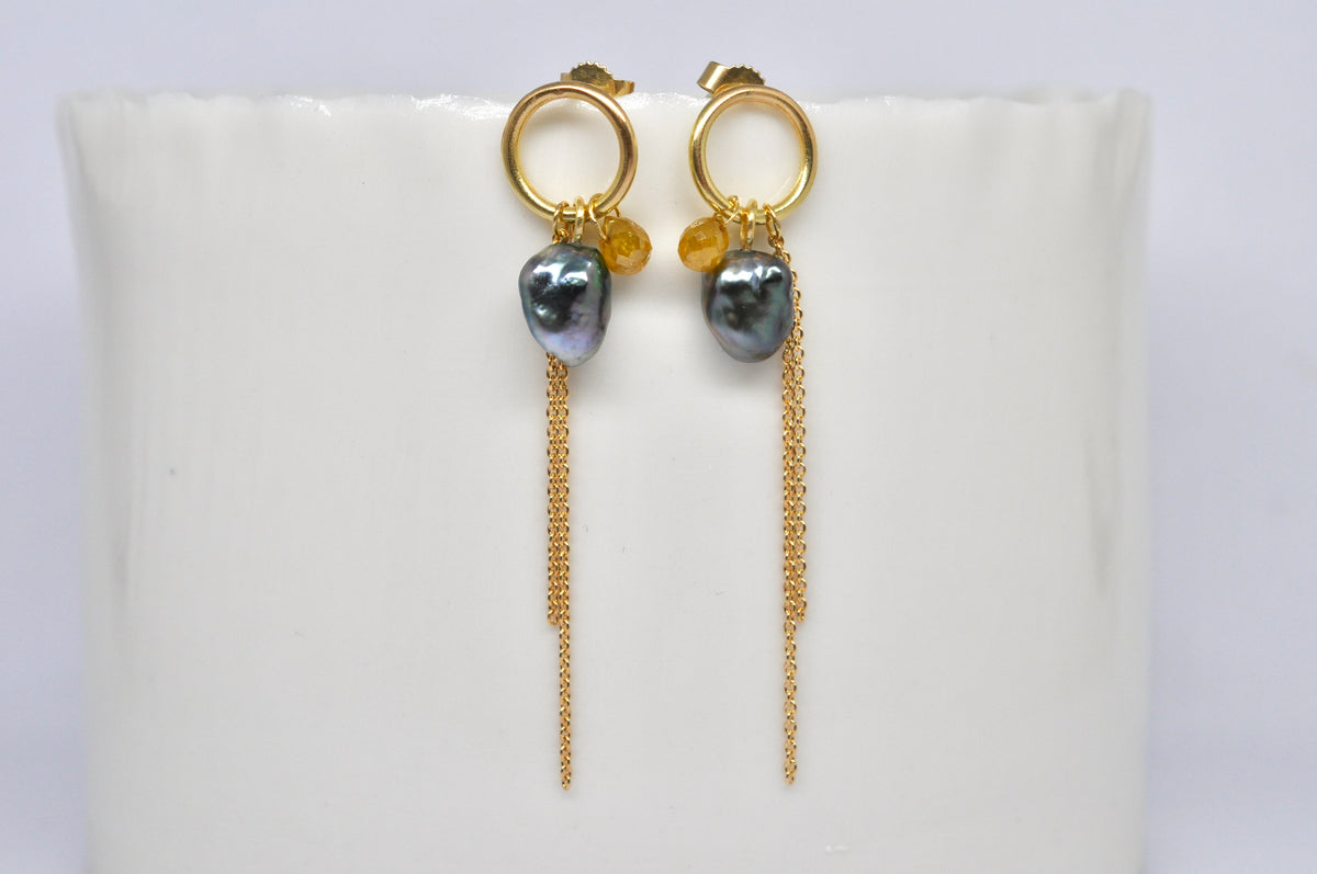 Tahitian Keshi Pearl & Yellow Diamond Drop Earrings in 18k Gold