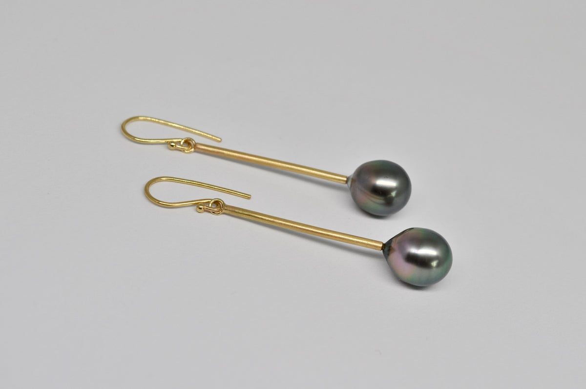 Tahitian Pearl Drop Earrings - 18K Yellow Gold Long Bar Design