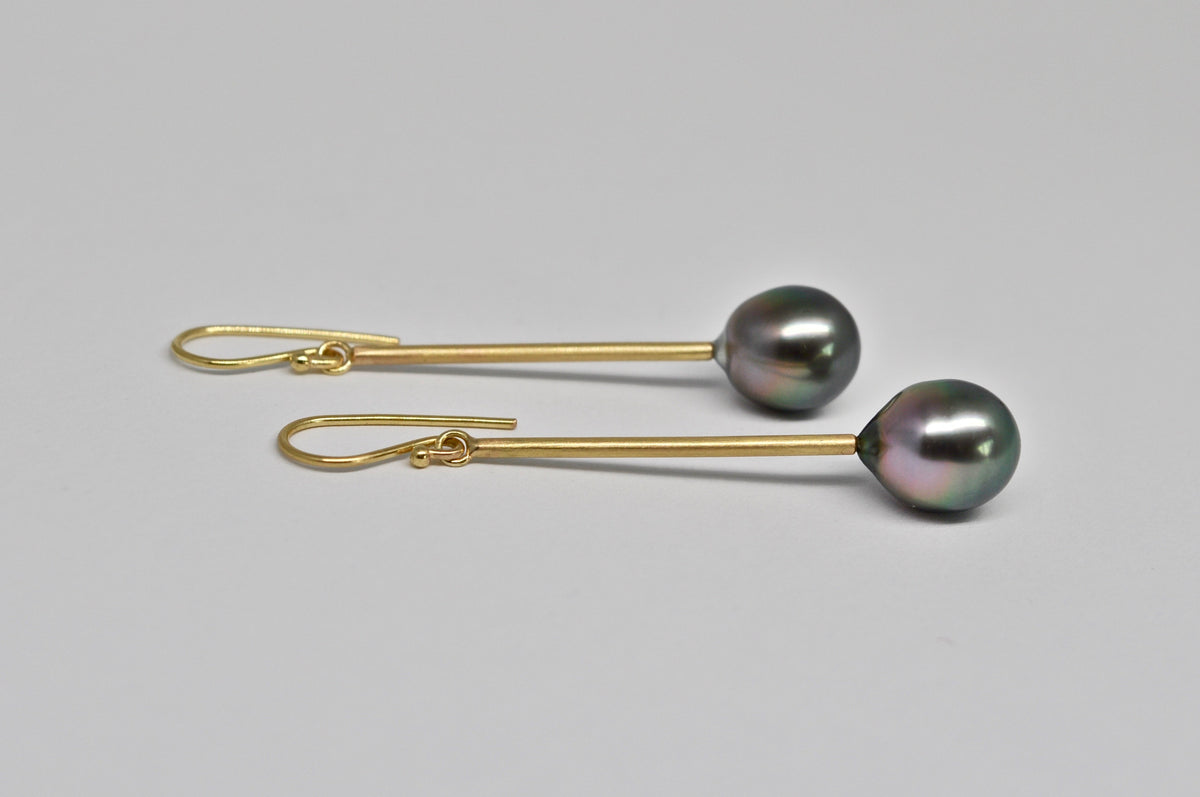 Tahitian Pearl Drop Earrings - 18K Yellow Gold Long Bar Design