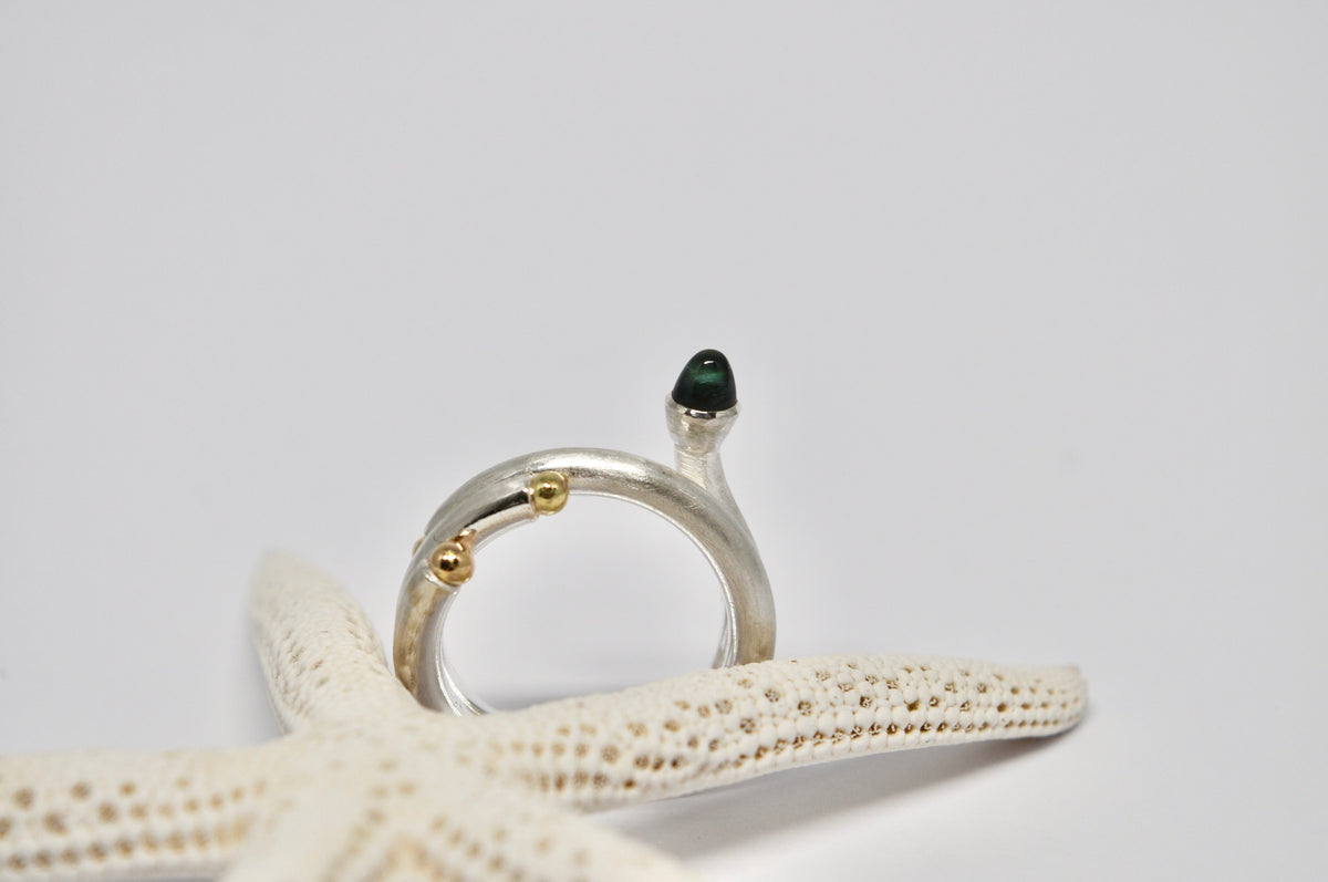 Double Band Ring, Sterling Silver, 18k Gold Beads & Green Tourmaline