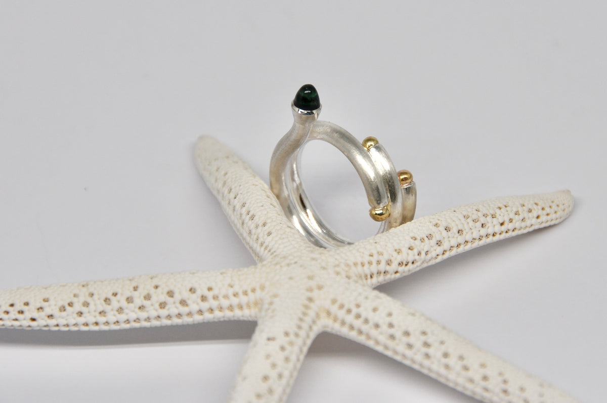 Double Band Ring, Sterling Silver, 18k Gold Beads & Green Tourmaline
