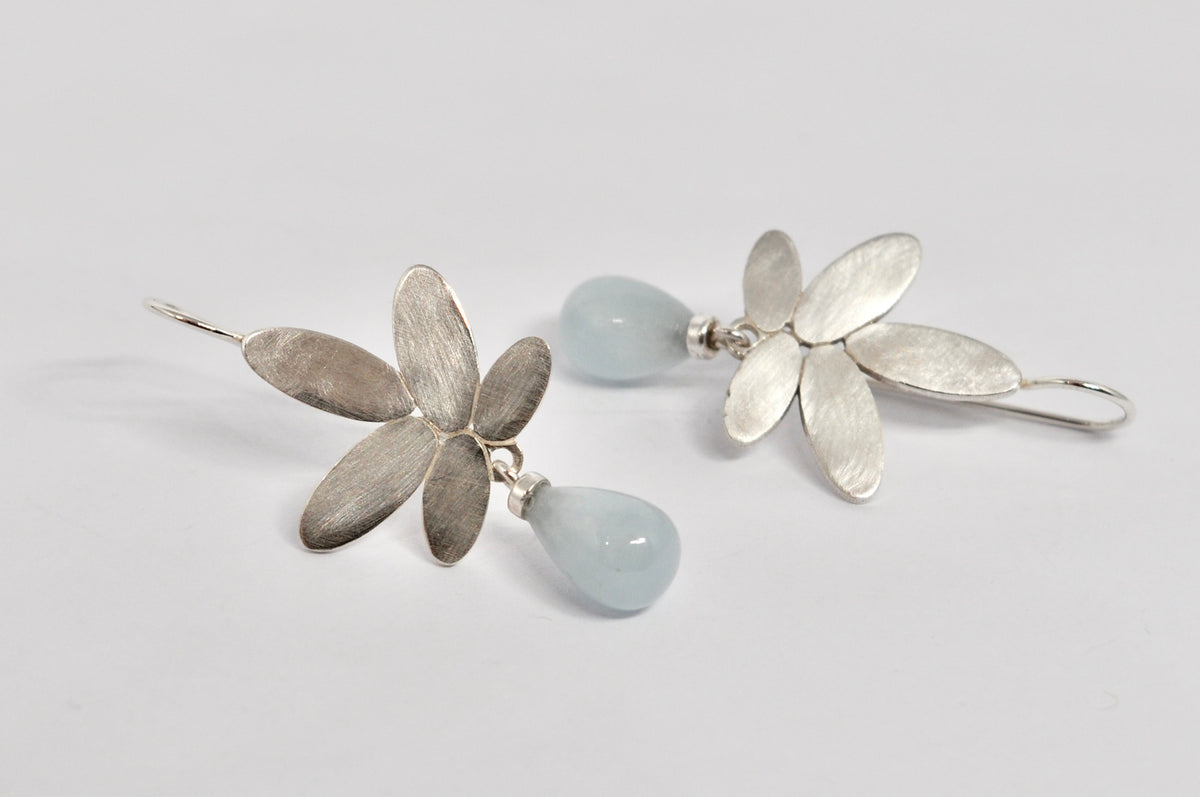 Silver Flower Aquamarine Drop Earrings