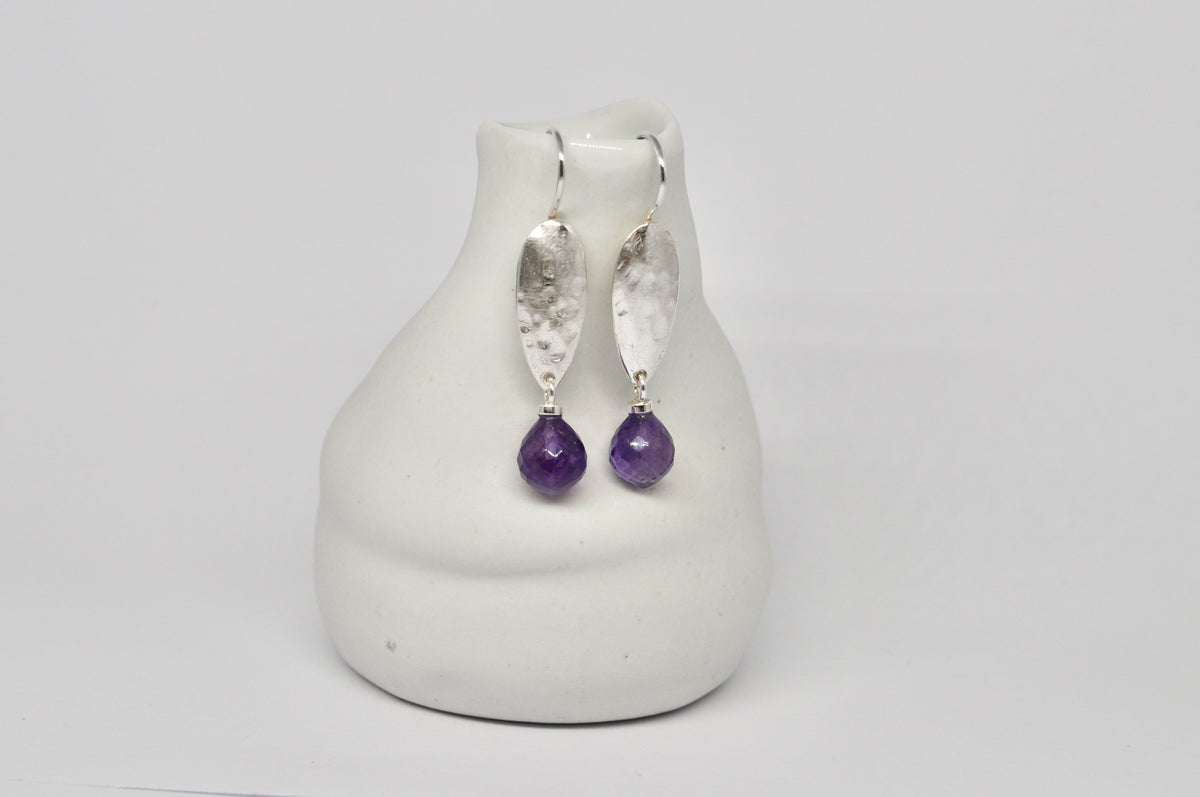 Hammered Silver & Amethyst Drop Earrings