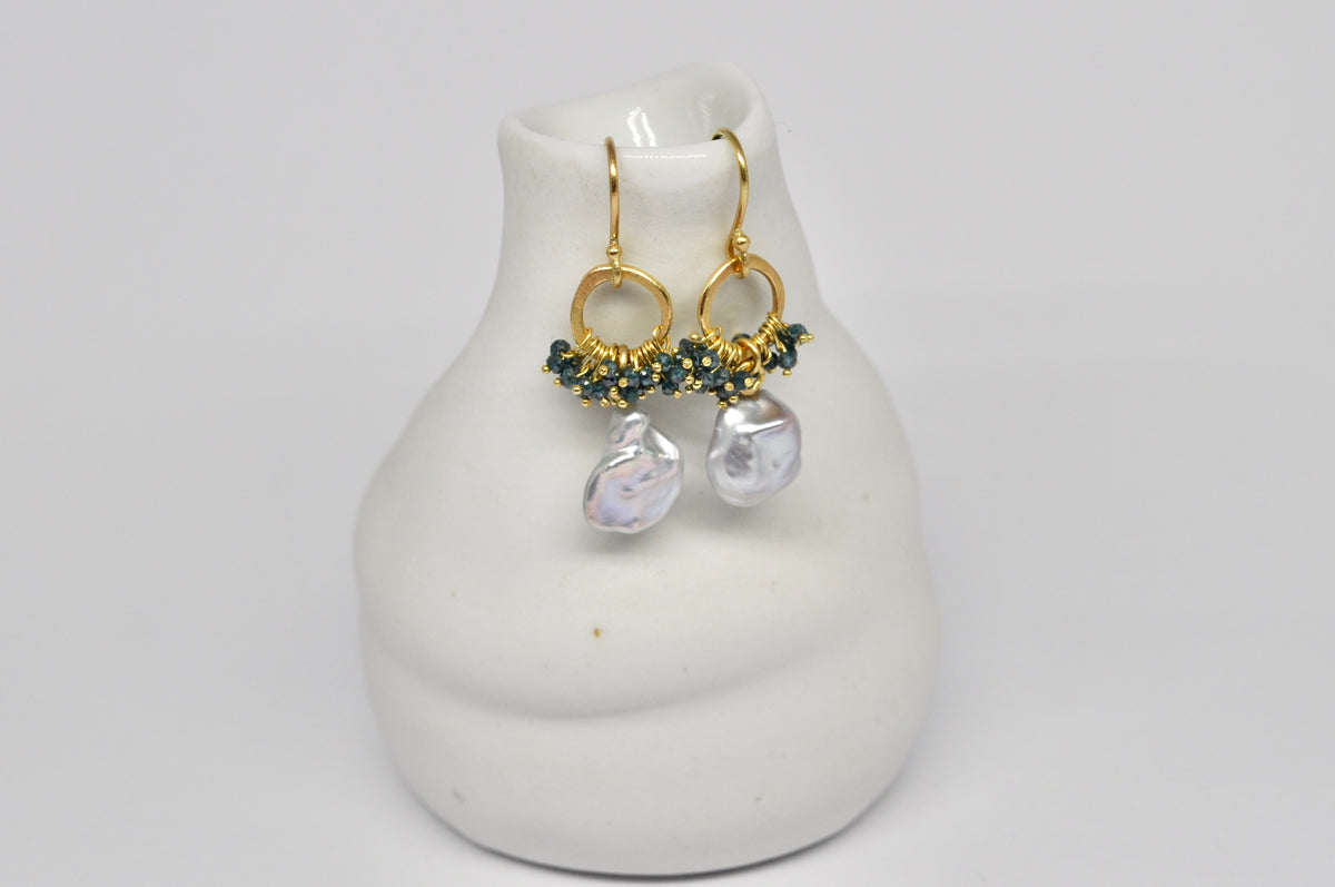 Blue Diamond & Keshi Pearl Hoop Earrings
