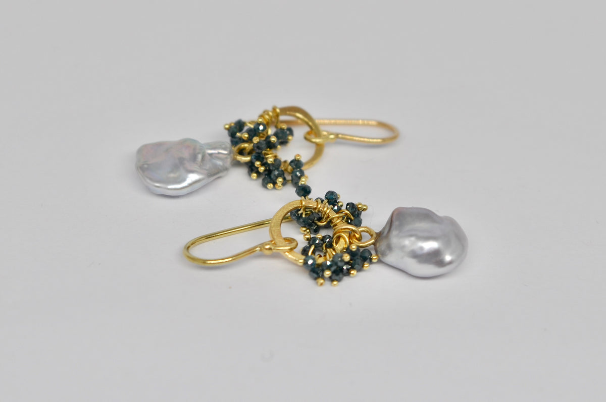 Blue Diamond & Keshi Pearl Hoop Earrings