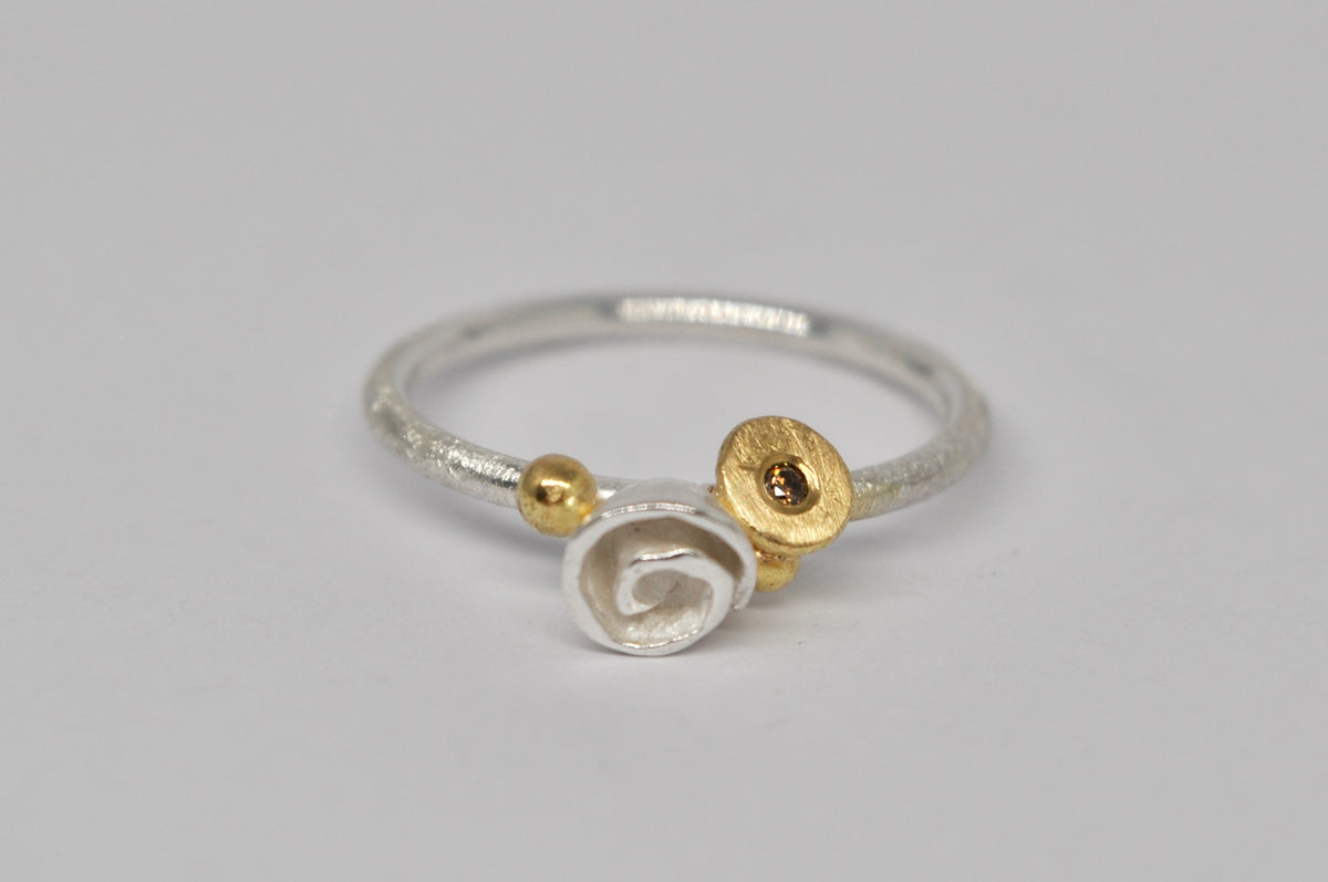 Delicate Silver Ring with 18k Gold and Brown Diamond