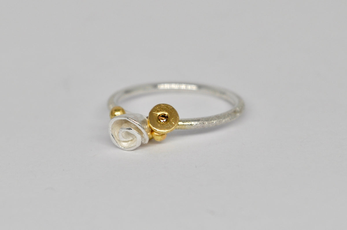 Delicate Silver Ring with 18k Gold and Brown Diamond