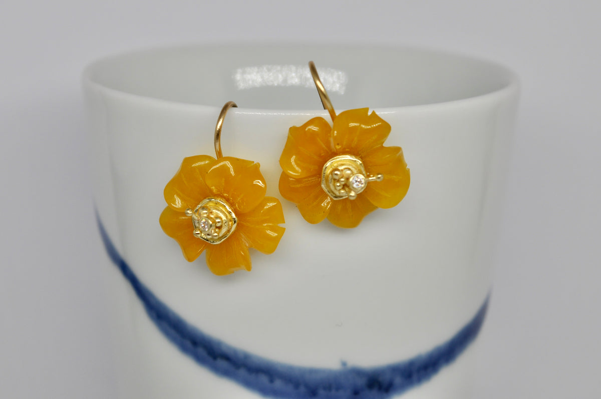 Honey Jade Flower Earrings with 18k Yellow Gold and Diamond