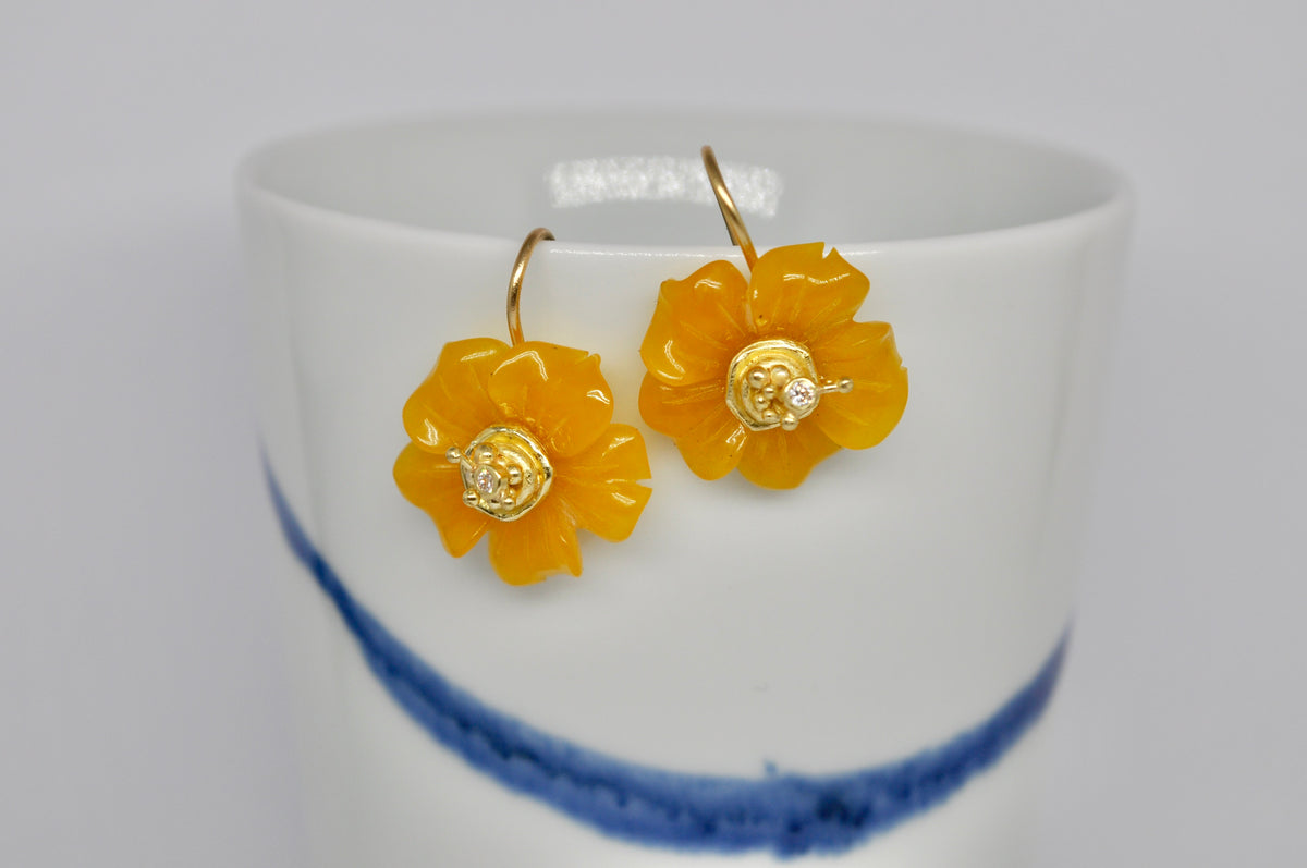 Honey Jade Flower Earrings with 18k Yellow Gold and Diamond