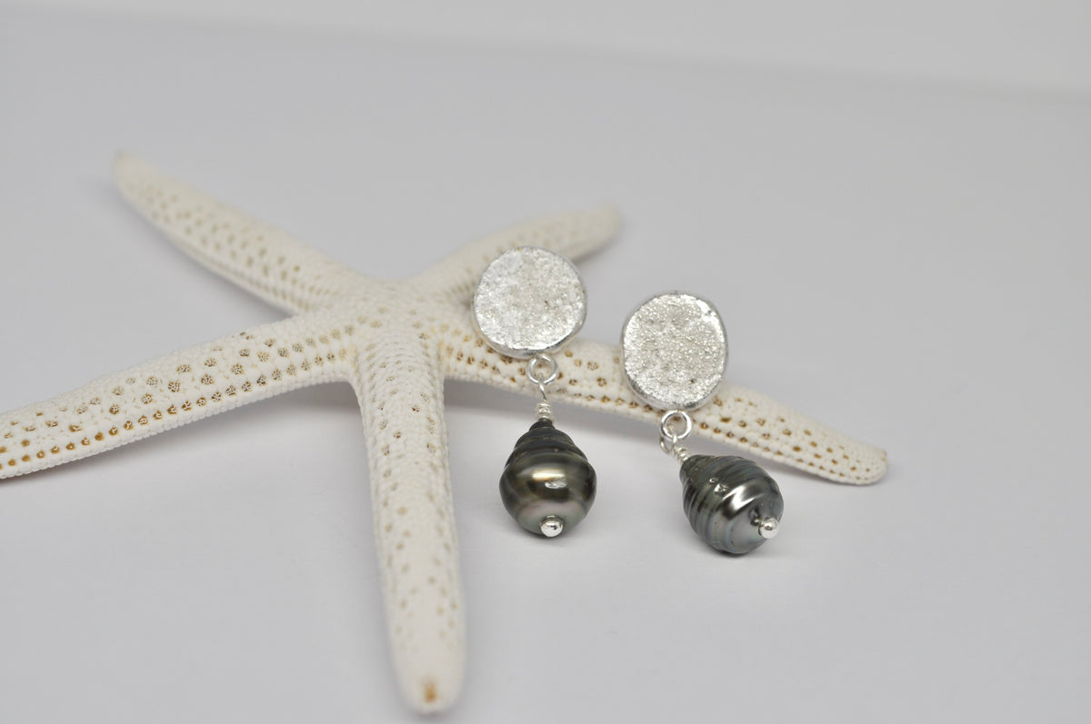 Silver Disc & Tahitian Pearl Earrings