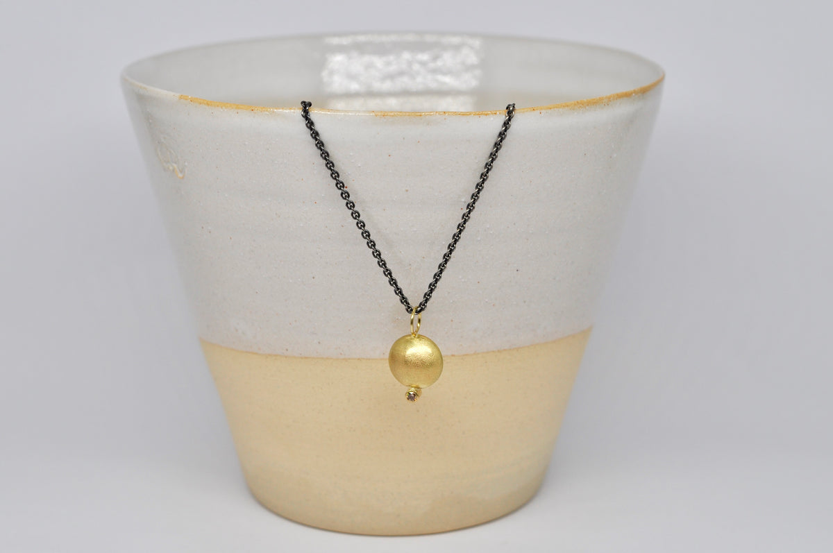 18K Gold Sphere Pendant with Brown Diamond on Oxidized Silver Chain