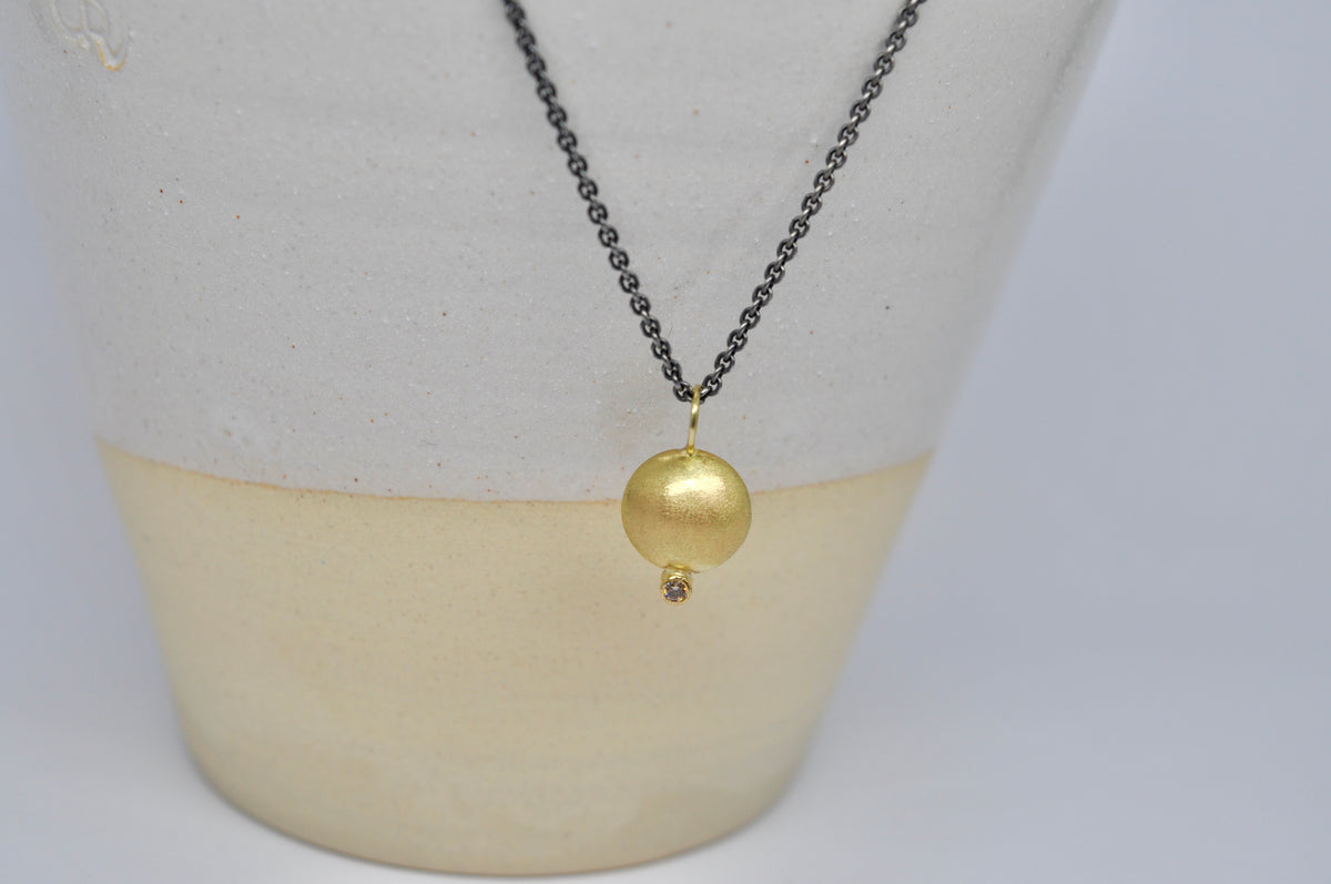 18K Gold Sphere Pendant with Brown Diamond on Oxidized Silver Chain