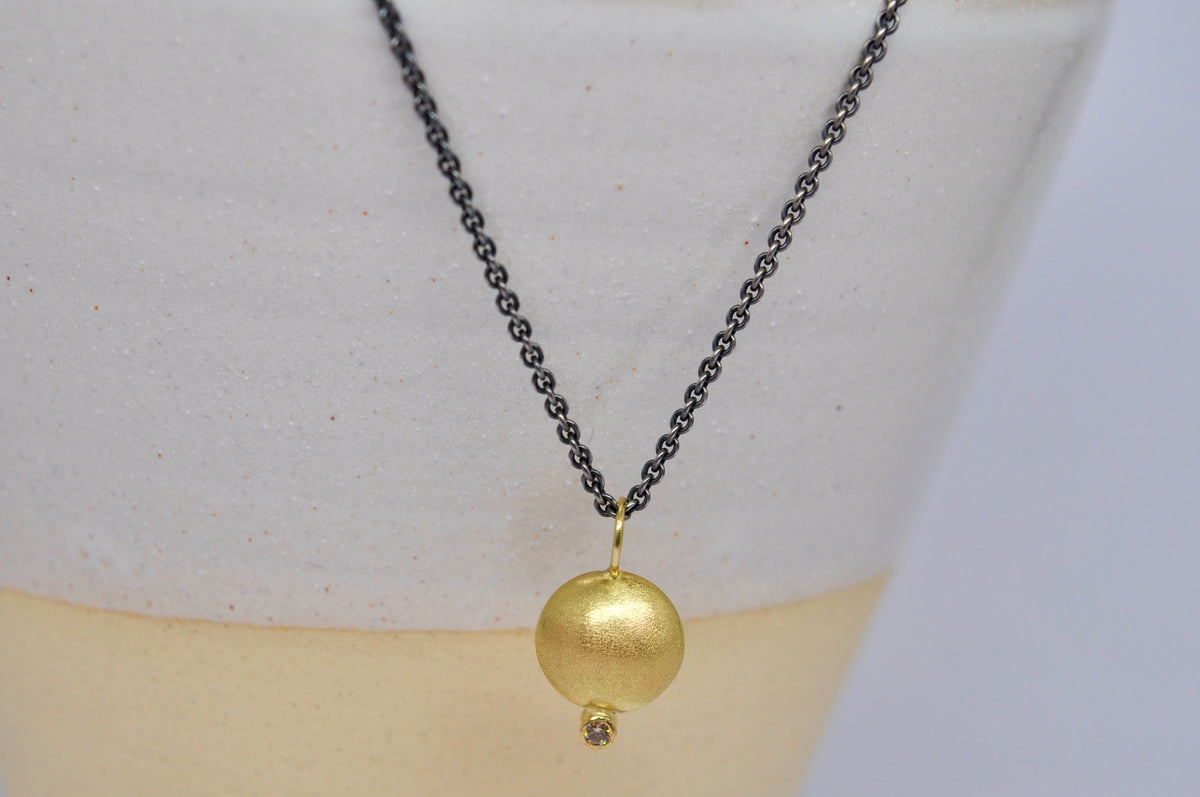 18K Gold Sphere Pendant with Brown Diamond on Oxidized Silver Chain
