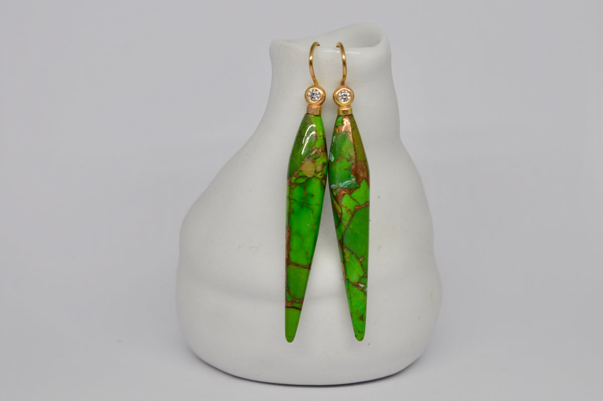 Green Turquoise Spike Earrings with Rose Gold and Diamond