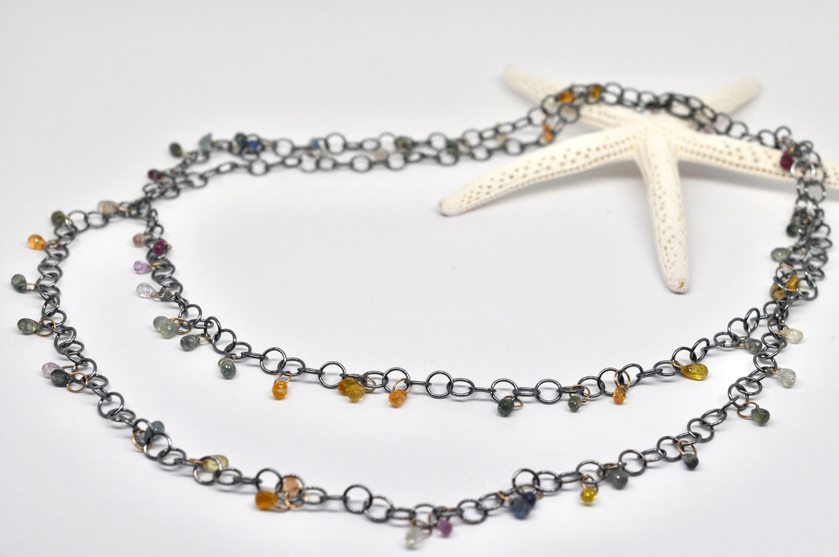 Long Oxidized Silver Chain Necklace with Multicolor Sapphire Drops