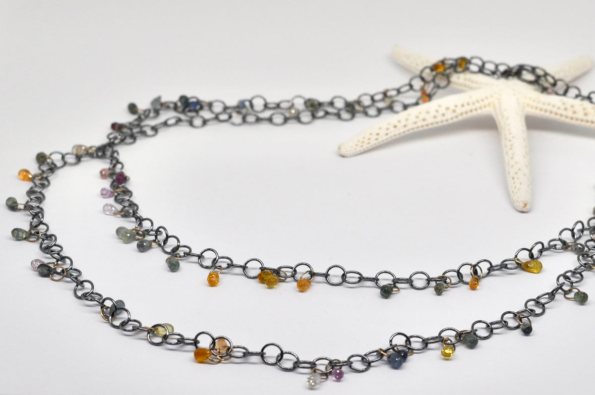 Long Oxidized Silver Chain Necklace with Multicolor Sapphire Drops