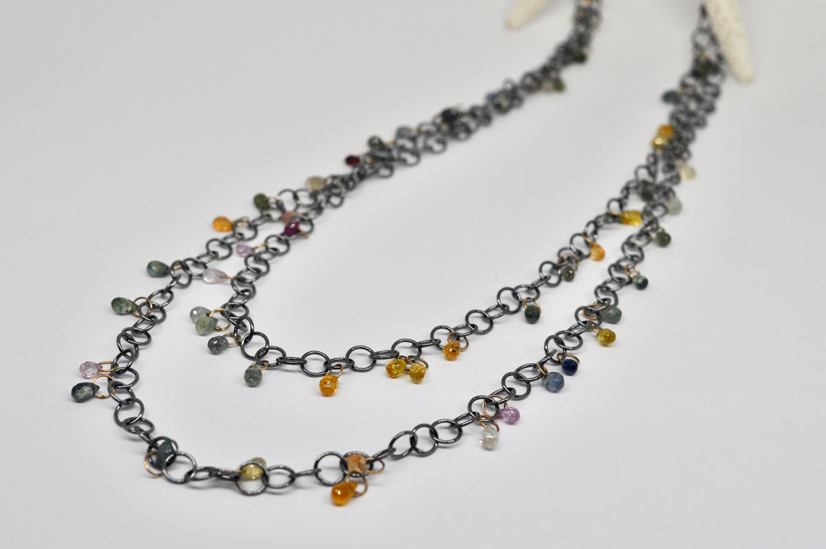 Long Oxidized Silver Chain Necklace with Multicolor Sapphire Drops
