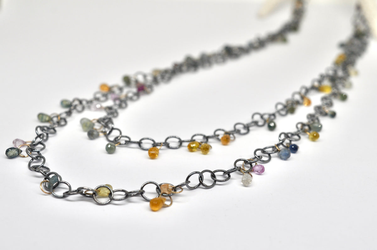 Long Oxidized Silver Chain Necklace with Multicolor Sapphire Drops