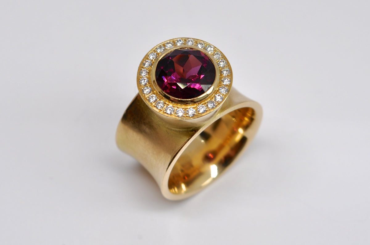 18K Yellow Gold Rhodolite Garnet Diamond Halo Wide Band Ring