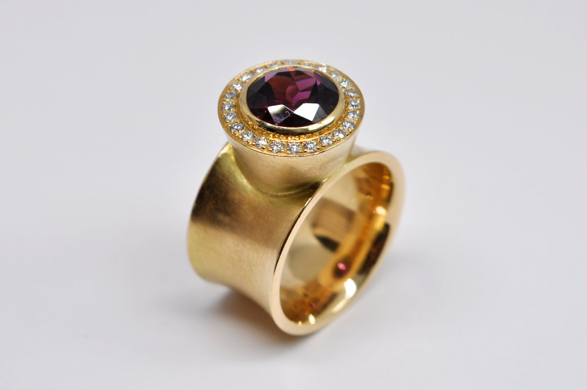 18K Yellow Gold Rhodolite Garnet Diamond Halo Wide Band Ring