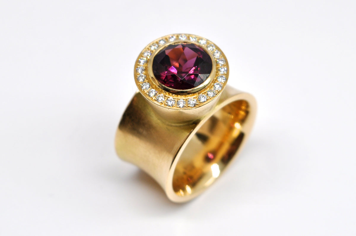 18K Yellow Gold Rhodolite Garnet Diamond Halo Wide Band Ring