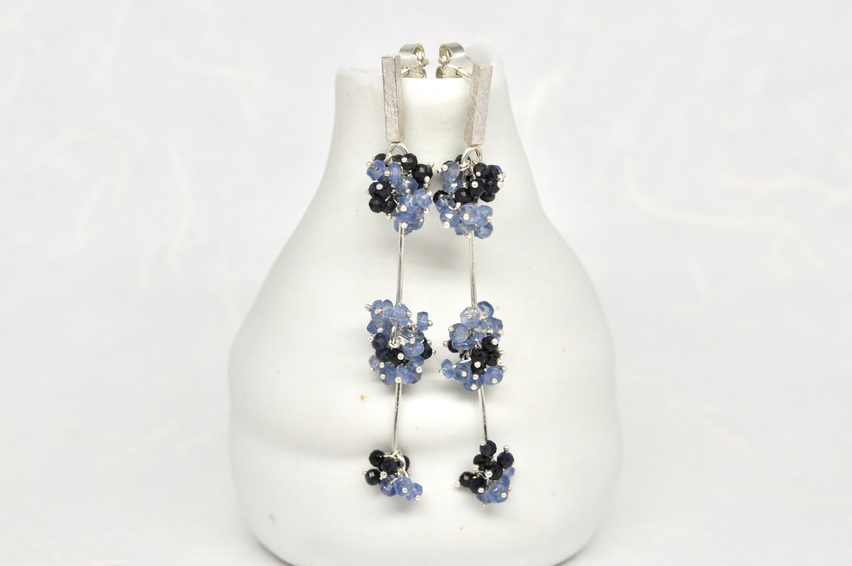 Blue Sapphire Beaded Floral Drop Stud Earrings
