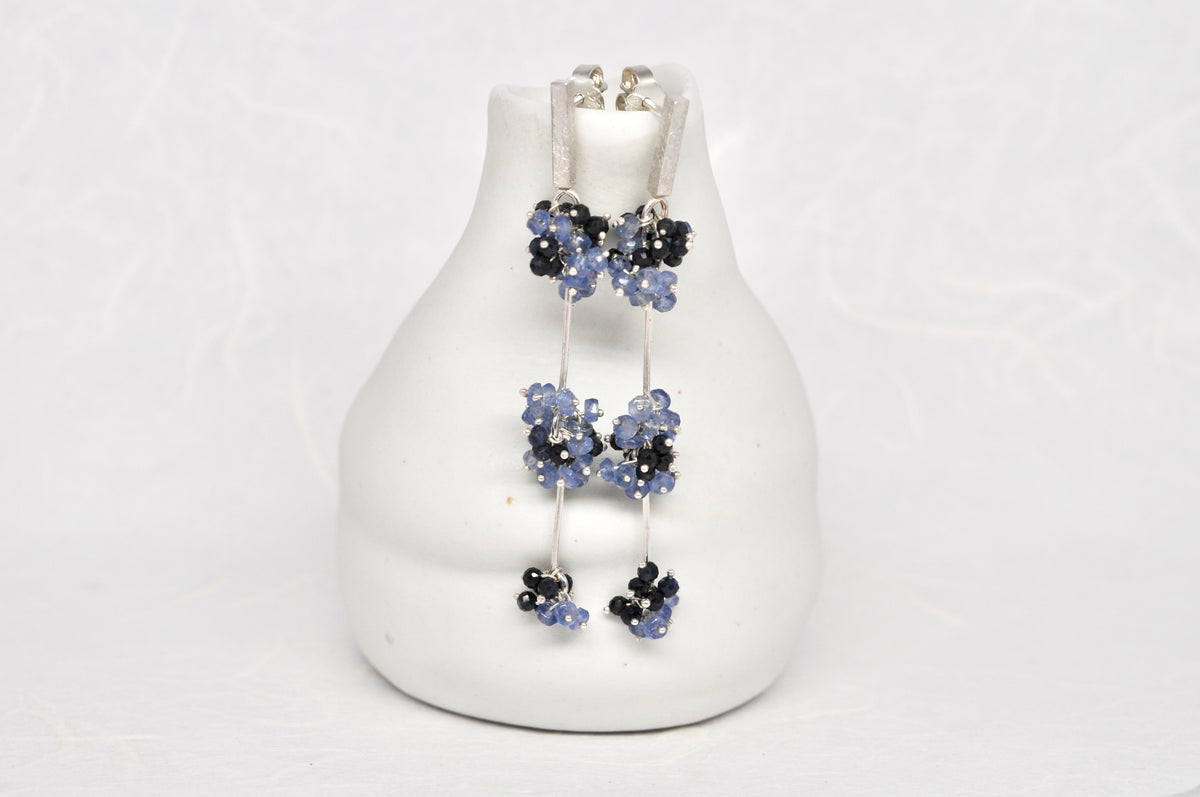 Blue Sapphire Beaded Floral Drop Stud Earrings