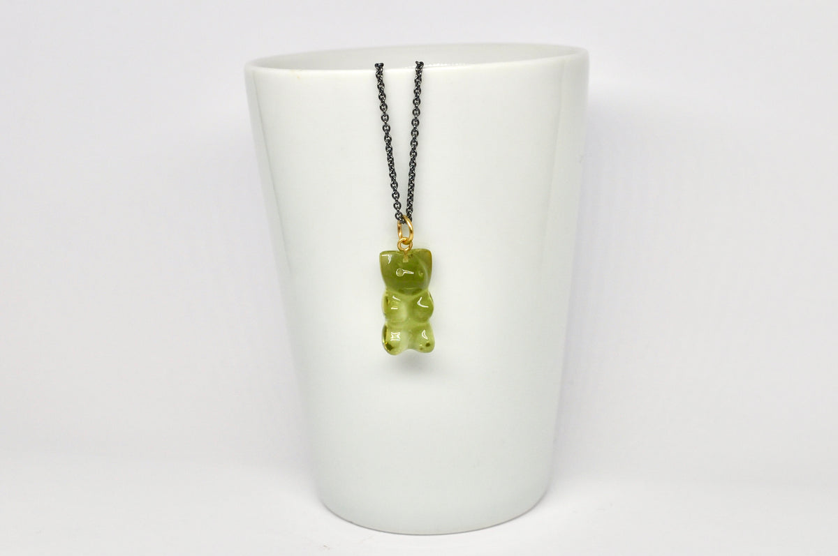 Amber Bear Necklace on Oxidized Silver Chain