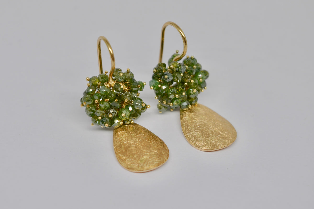 Green Diamond Cluster Earrings with 18K Yellow Gold Teardrops