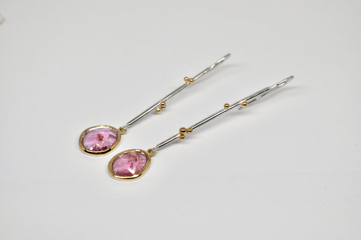 Pink Tourmaline Drop Earrings — Sterling Silver & 18k Gold