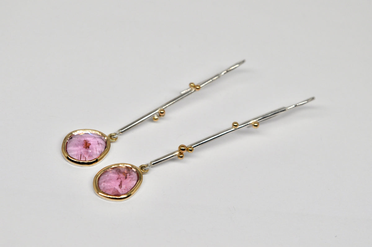 Pink Tourmaline Drop Earrings — Sterling Silver & 18k Gold