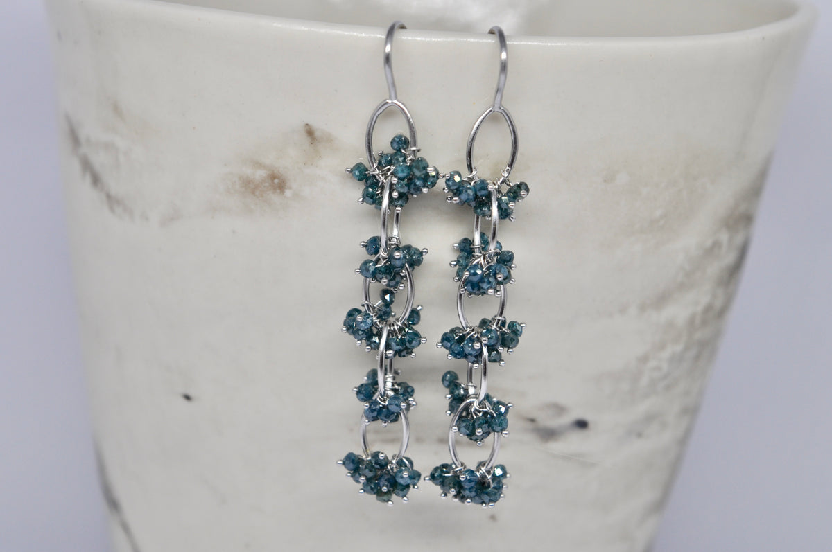 Cascading Blue Diamond Beads Vine Earrings, 18k white gold