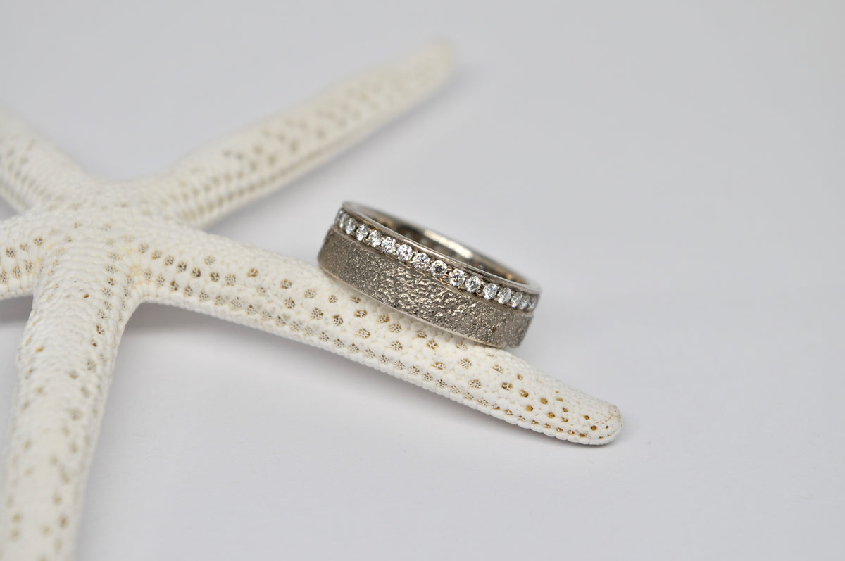 Diamond Edge Textured Band Ring in 18k White Gold