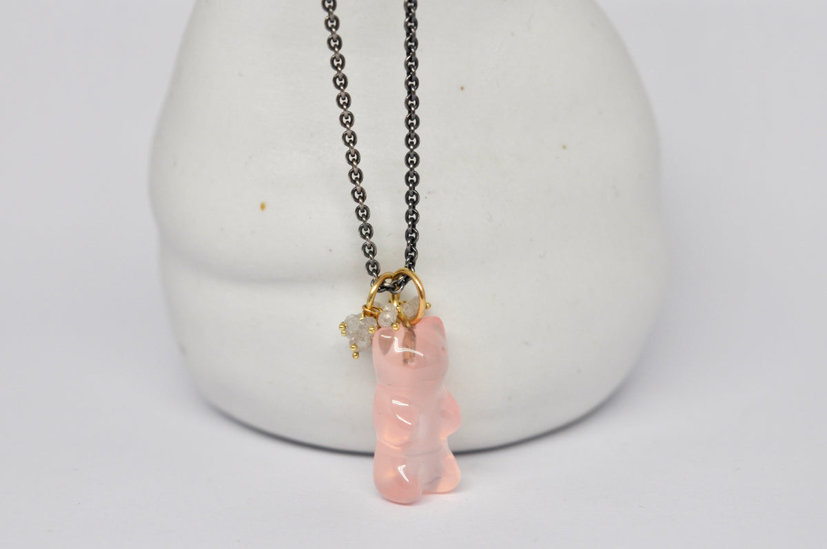 Rose Quartz Bear Necklace on Oxidized Silver Chain with Removable Diamond Beads Charm