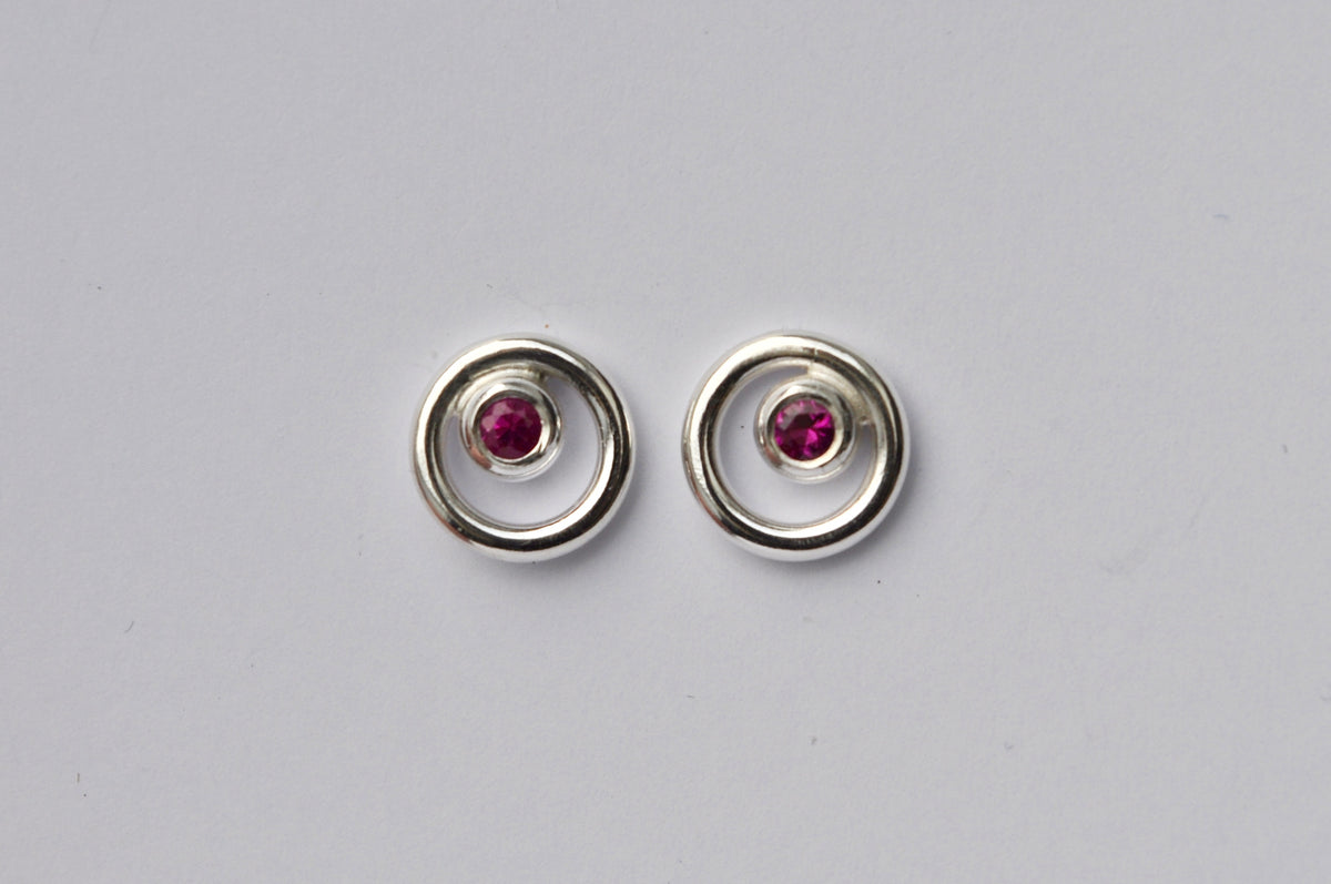 Pink Sapphire Circle Stud Earrings - Sterling Silver