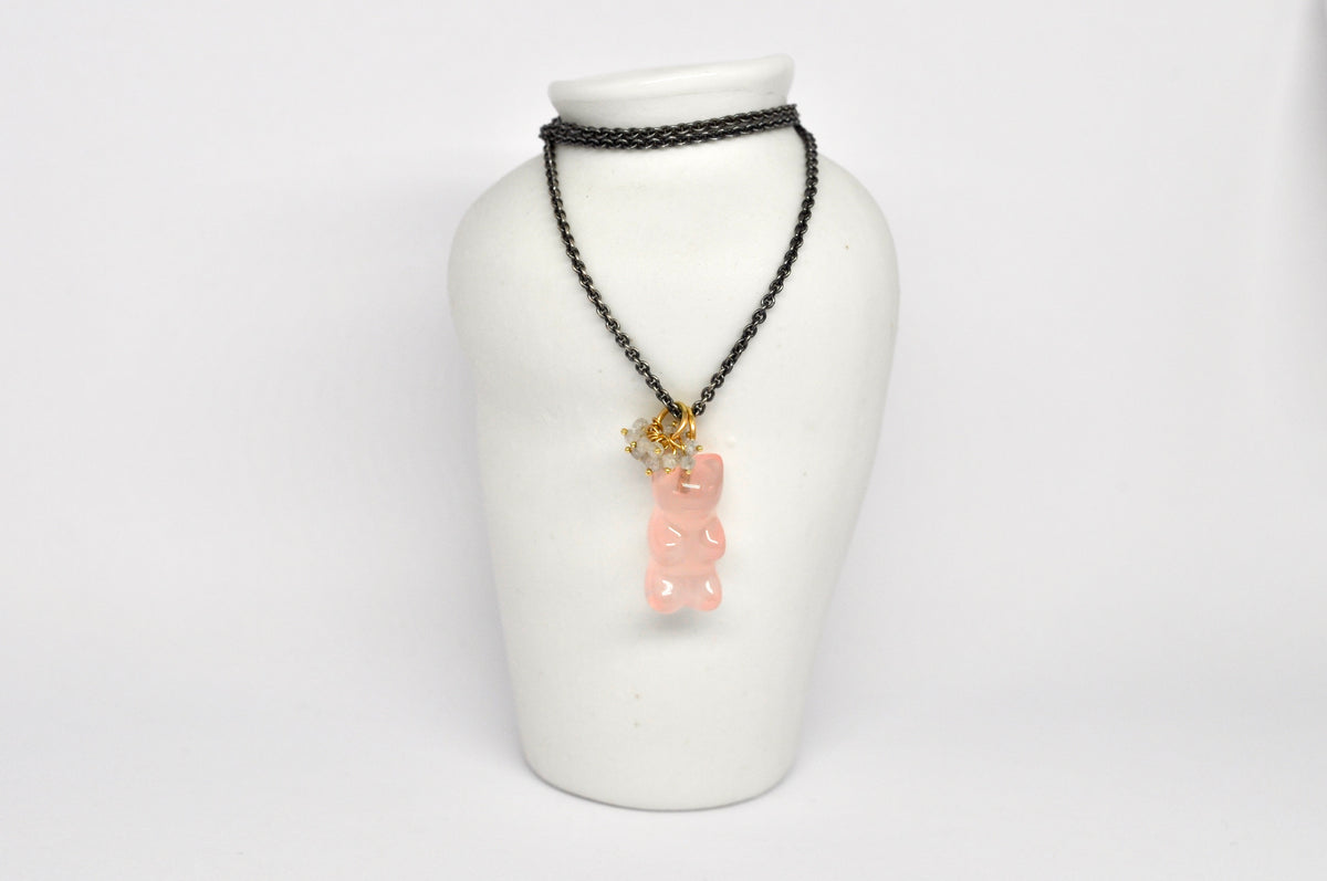 Rose Quartz Bear Necklace on Oxidized Silver Chain with Removable Diamond Beads Charm