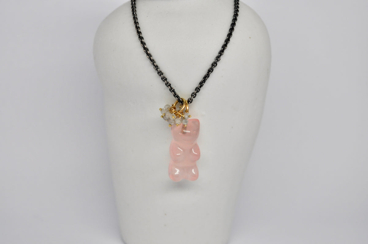 Rose Quartz Bear Necklace on Oxidized Silver Chain with Removable Diamond Beads Charm