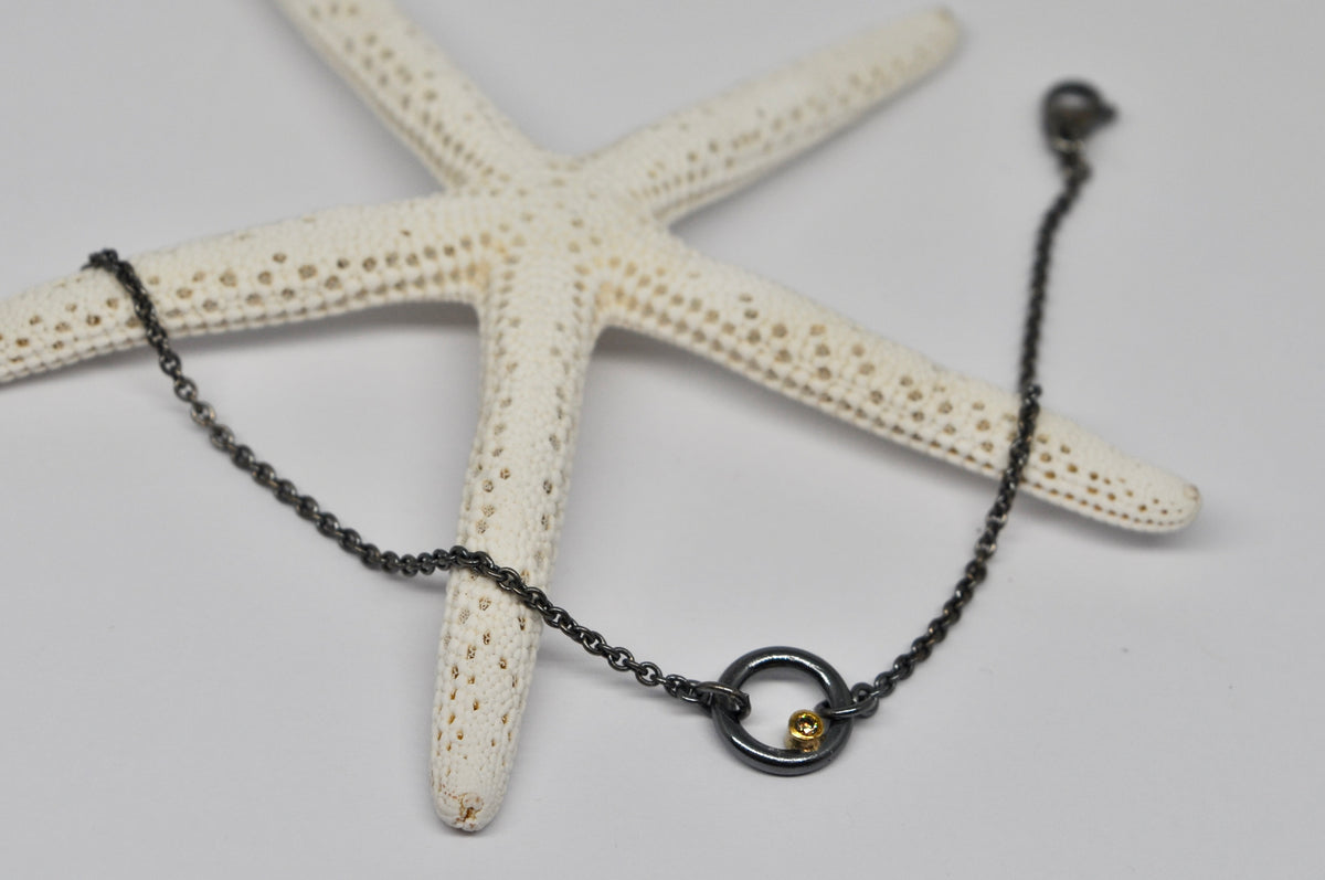 small oxidized silver circle bracelet, brown diamond, gold