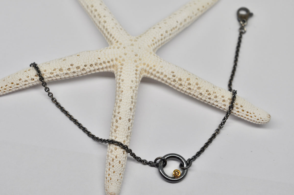small oxidized silver circle bracelet, brown diamond, gold