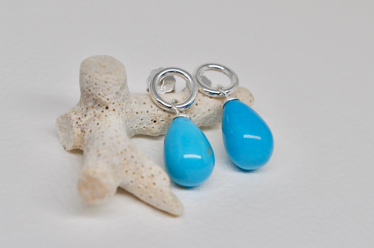 Silver Circle Stud Earrings with Turquoise Drops