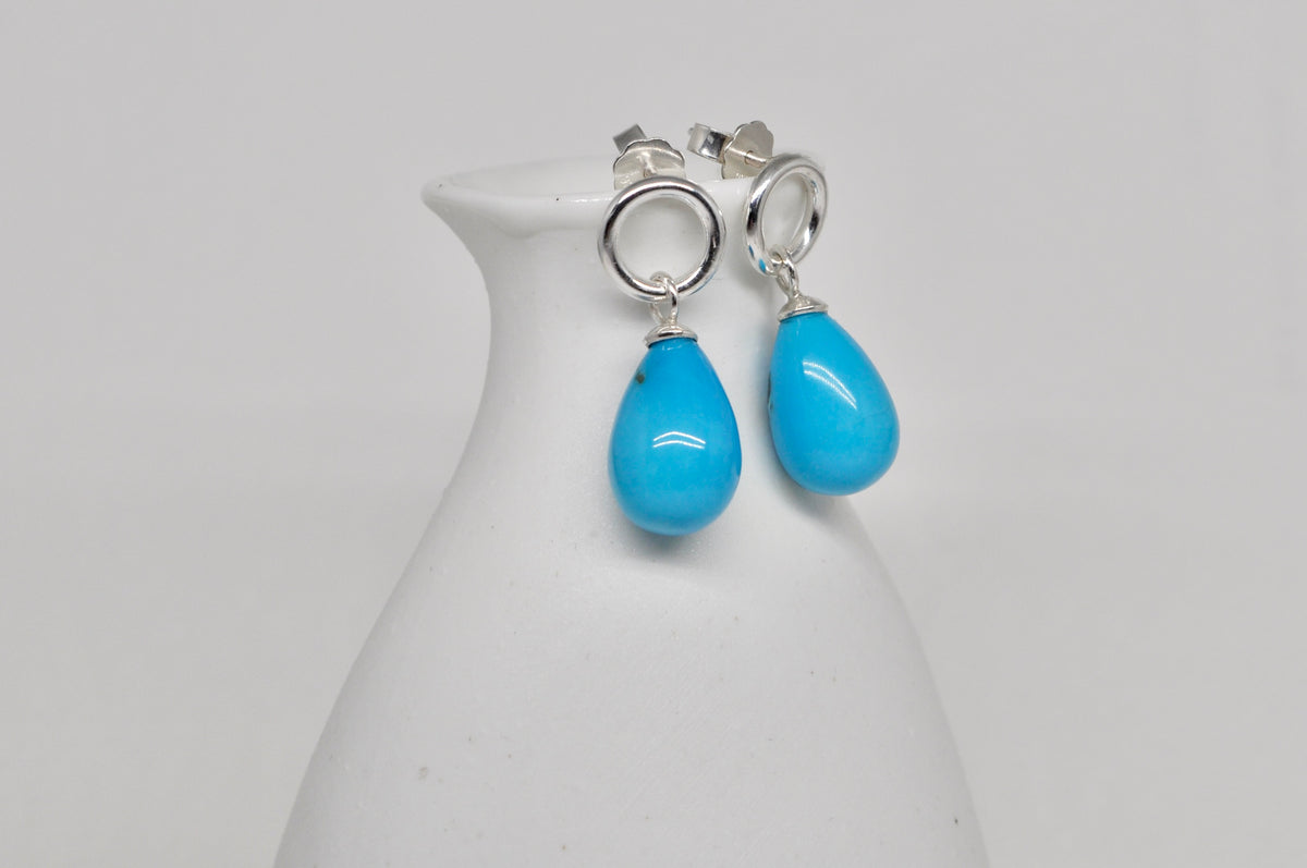 Silver Circle Stud Earrings with Turquoise Drops